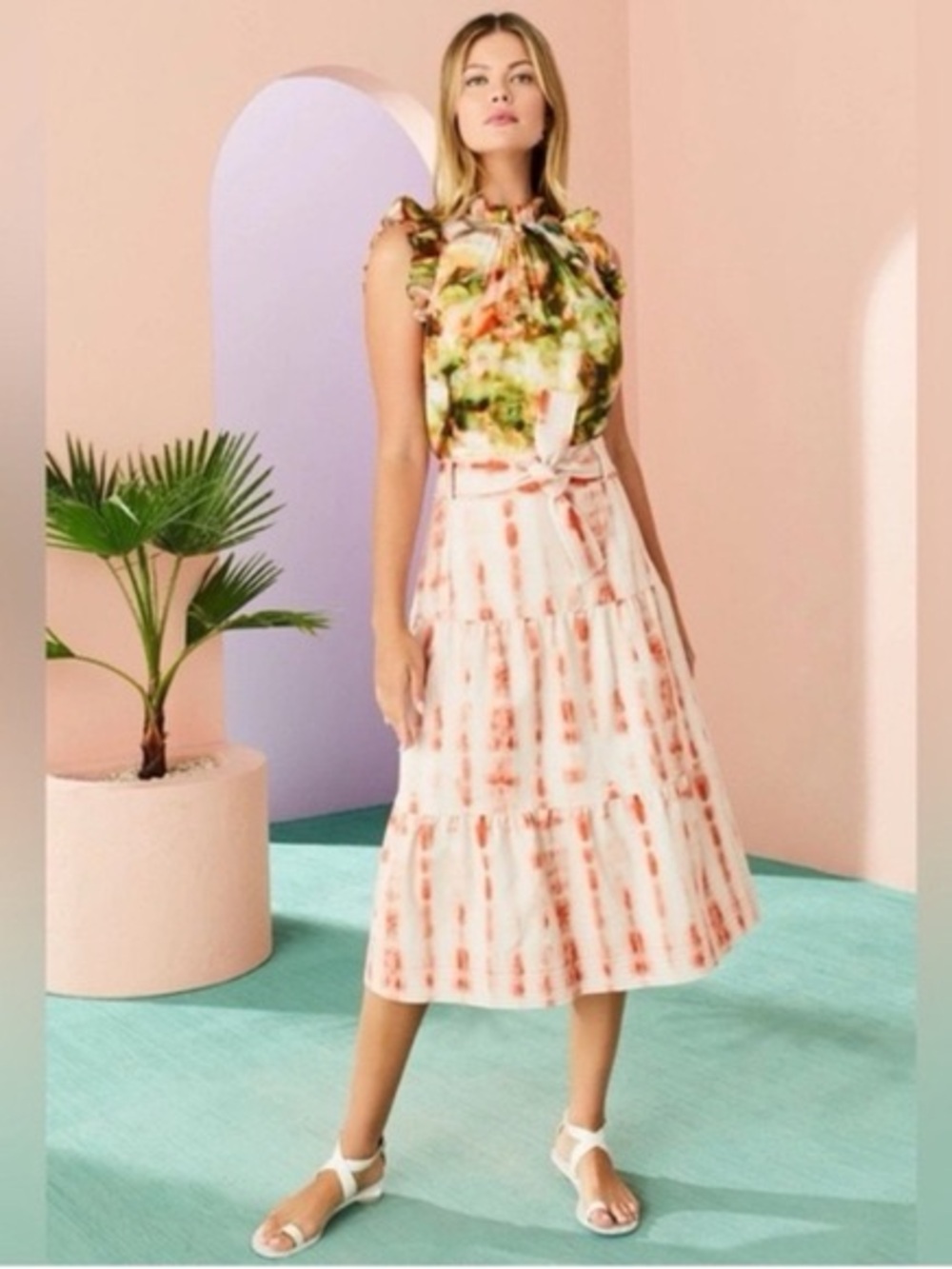 Marie Oliver Belted Tie-Dye Tiered Maxi Skirt - Cotton - Cream/OrangeyPink Rust